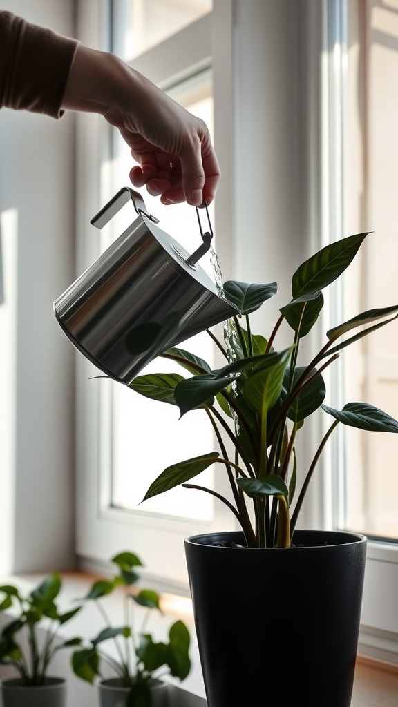 A hand watering a black house plant with a metal watering can near a window.