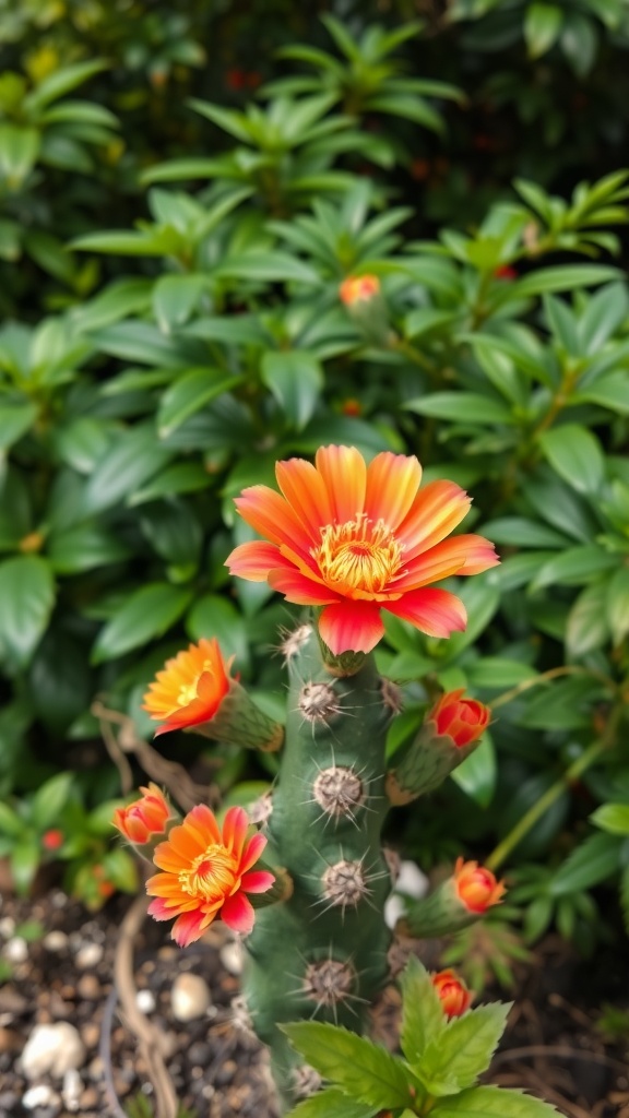 A flowering cactus with vibrant orange blooms surrounded by green foliage.