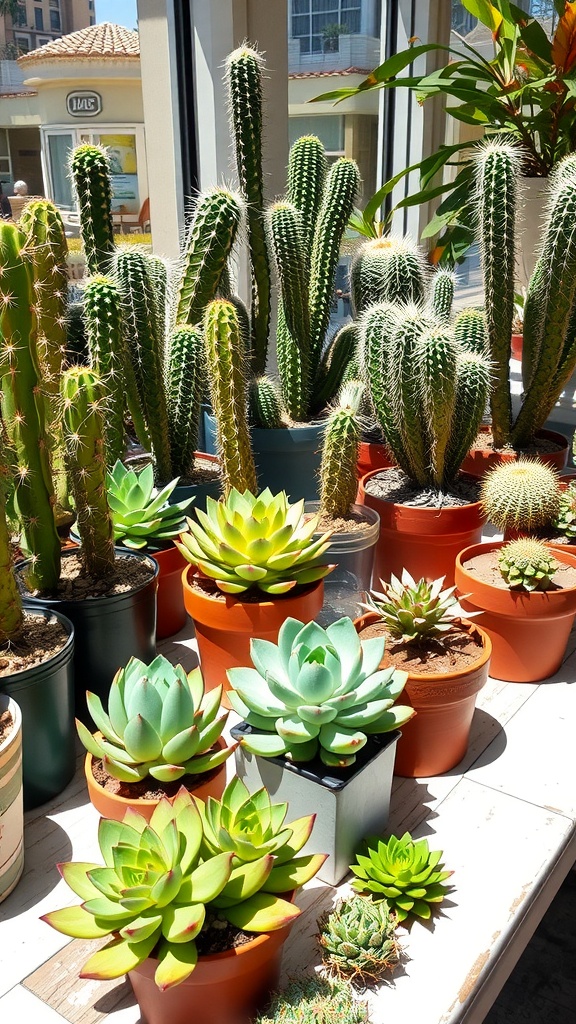 A variety of succulents and cacti arranged in pots under sunlight in a greenhouse.