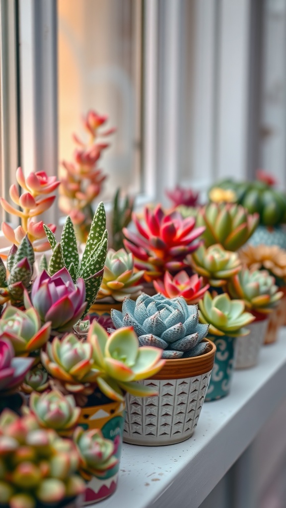 A colorful assortment of succulents in decorative pots by a window