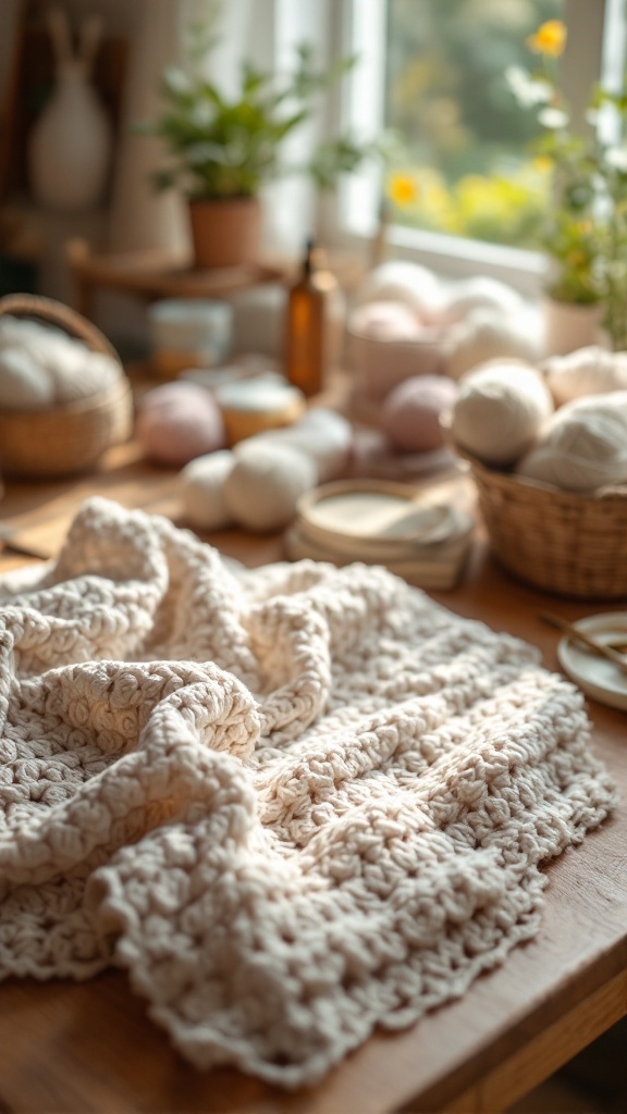 A cozy crochet baby blanket on a wooden table surrounded by yarn and plants.