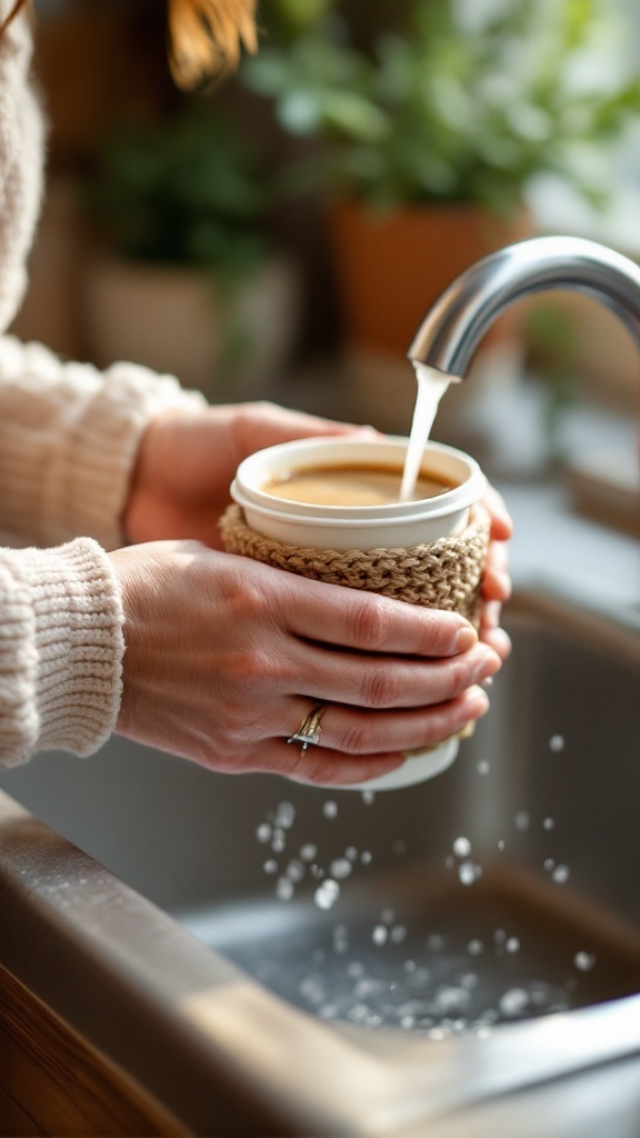 Hands holding a crochet coffee cup sleeve near a sink with water running