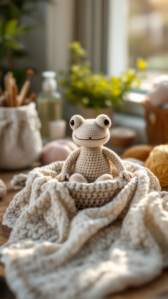 A cute crochet frog sitting on a soft blanket with crafting supplies in the background.