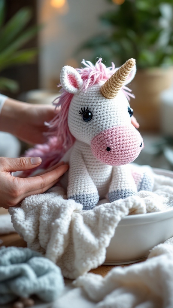 A close-up of a crochet unicorn being cared for, with a hand gently touching it.