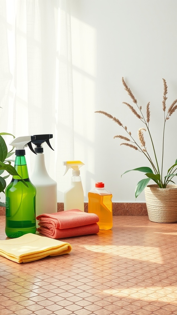 A cozy bathroom scene featuring cleaning supplies on a penny tile floor, showcasing a green spray bottle, white bottles, yellow and pink towels, and a potted plant.