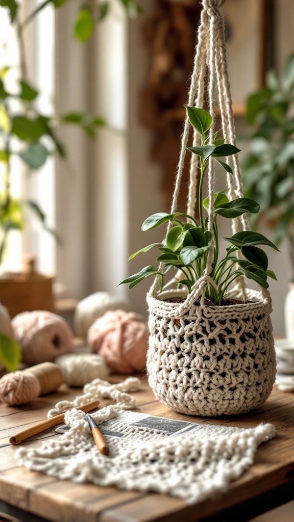 A crochet plant hanger with a green plant, surrounded by yarn and crochet hooks on a wooden table.