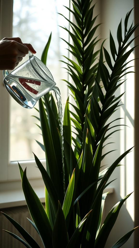 A person watering a tall green plant by a window
