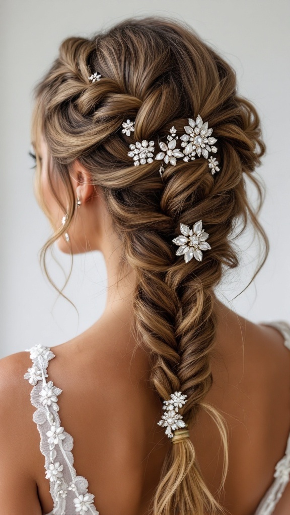 A hairstyle featuring cascading braids decorated with floral jewels, worn by a woman in a bridal-style outfit.