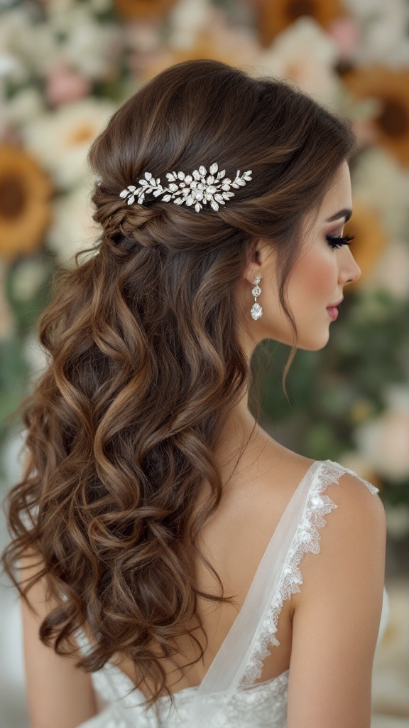 Bridesmaid hairstyle featuring cascading curls and a decorative hairpiece.
