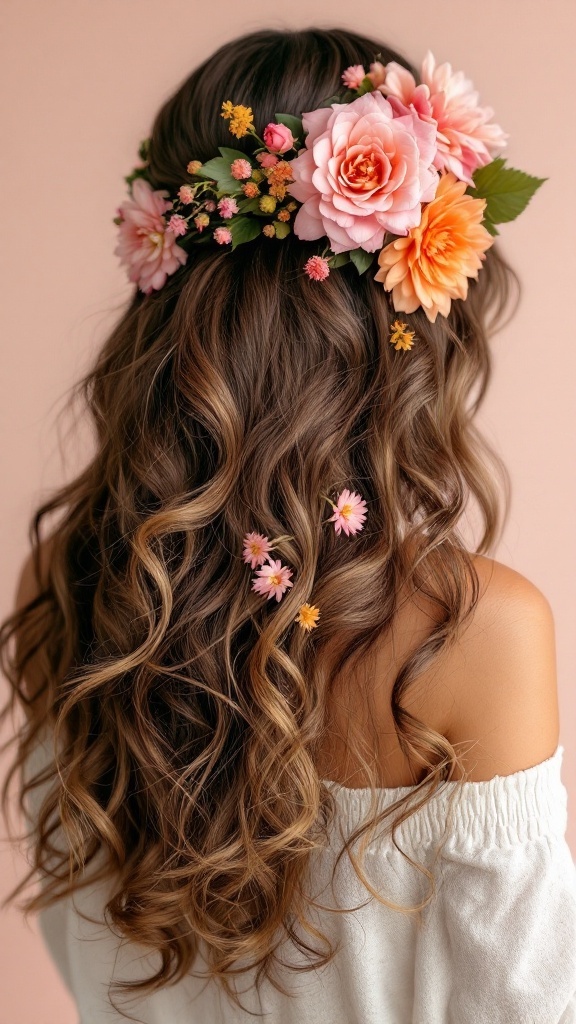 A woman with cascading curls decorated with pink and orange flowers.