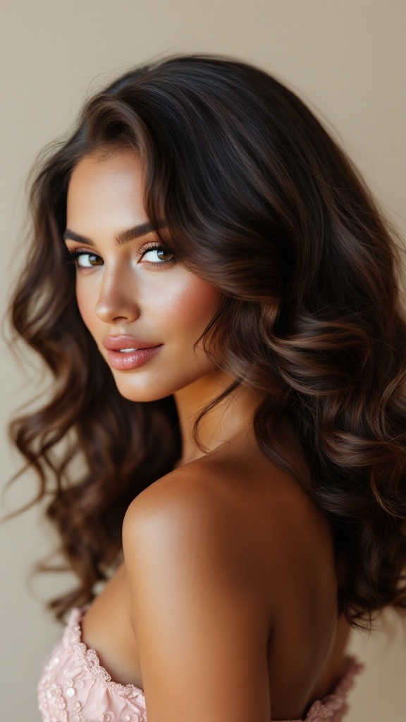 A woman with long, cascading curls styled with a side part, showcasing a beautiful and elegant hairstyle.