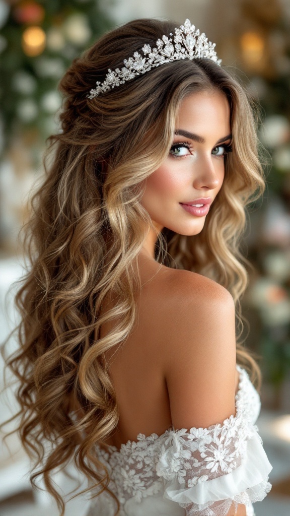 A woman with cascading curls adorned with a sparkling tiara, showcasing a bridal hairstyle for an Indian wedding.