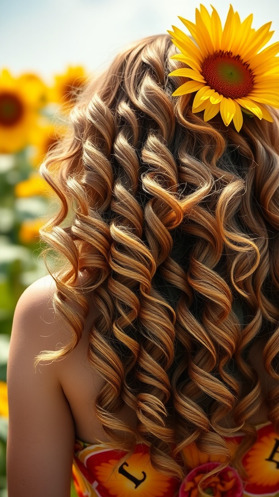 A woman with cascading curls adorned with a sunflower, set against a field of sunflowers.