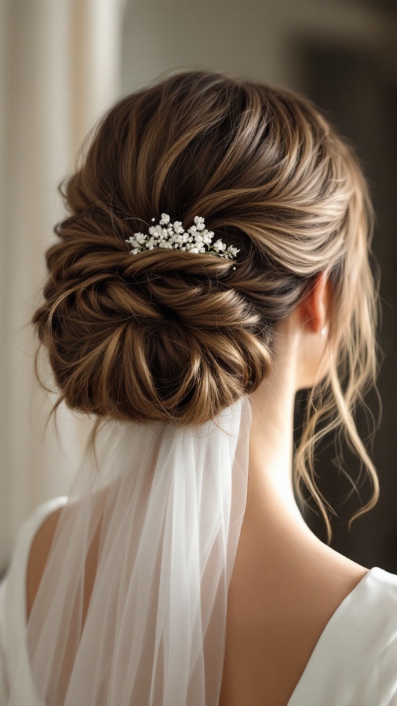 A bride with a cascading messy bun hairstyle adorned with a veil and small white flowers.