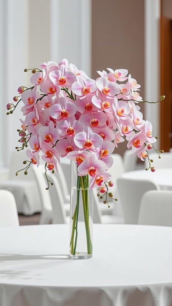 A beautiful cascading orchid floral arrangement in a clear vase on a table.