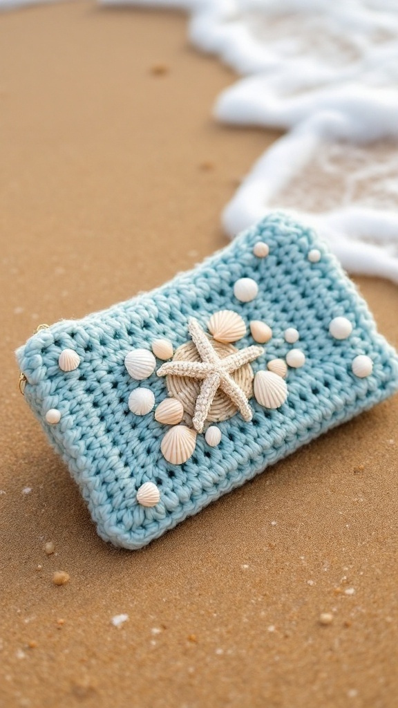 A light blue crochet clutch with seashell and starfish decorations resting on sandy beach