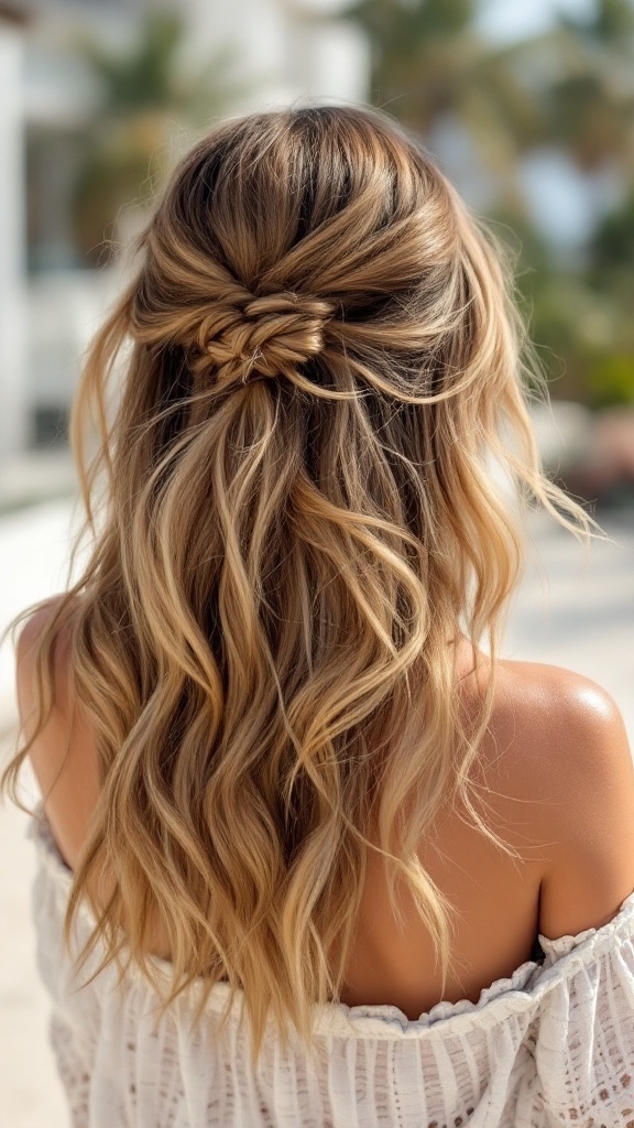 A woman with thick, wavy hair styled in casual beach waves, showcasing a relaxed and elegant look.