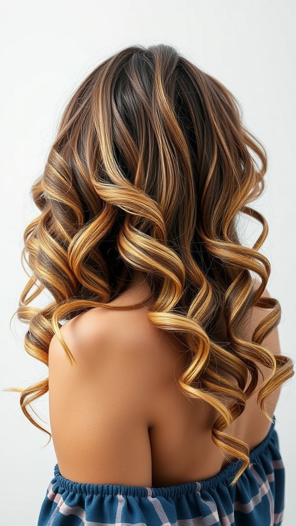 Back view of a woman with loose, wavy hair styled in soft curls, showcasing warm highlights.
