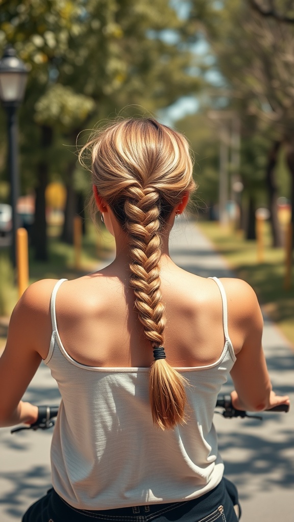 A woman with a casual braided ponytail, riding a bicycle in a park setting.
