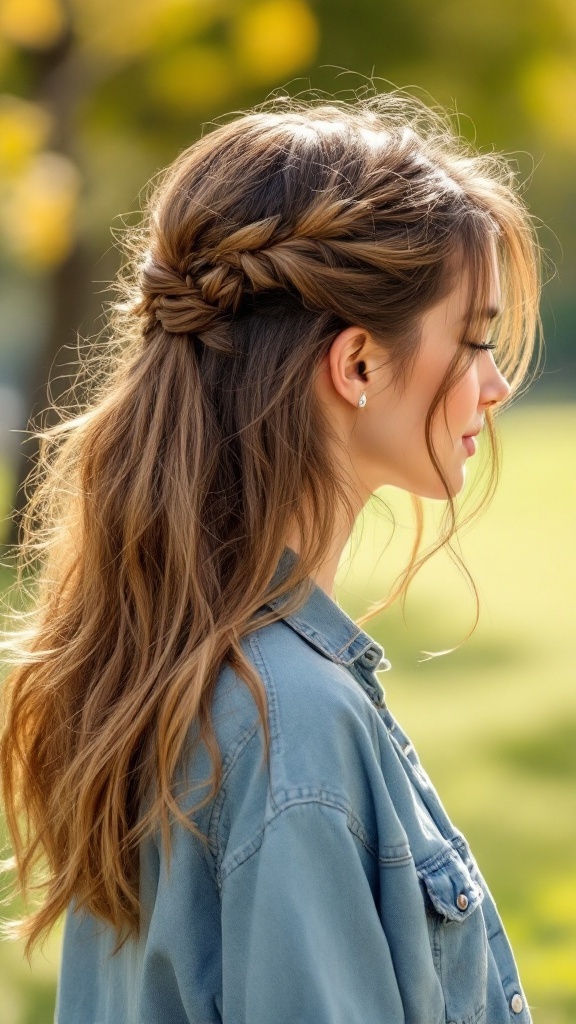 A woman with half up half down hairstyle featuring a braid, wearing a denim jacket