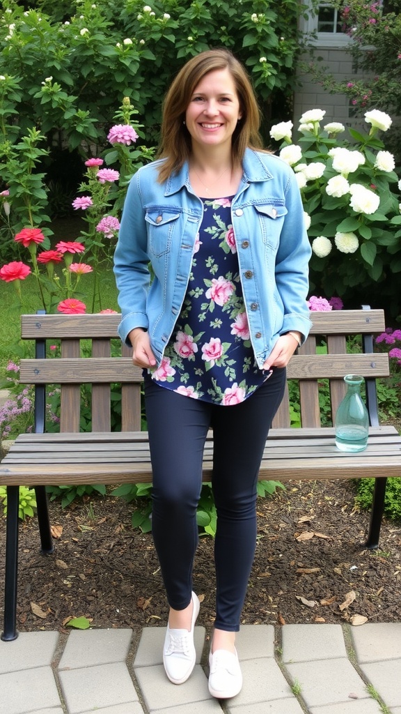 A mannequin wearing a denim jacket over a floral dress, seated on a bench surrounded by colorful flowers.