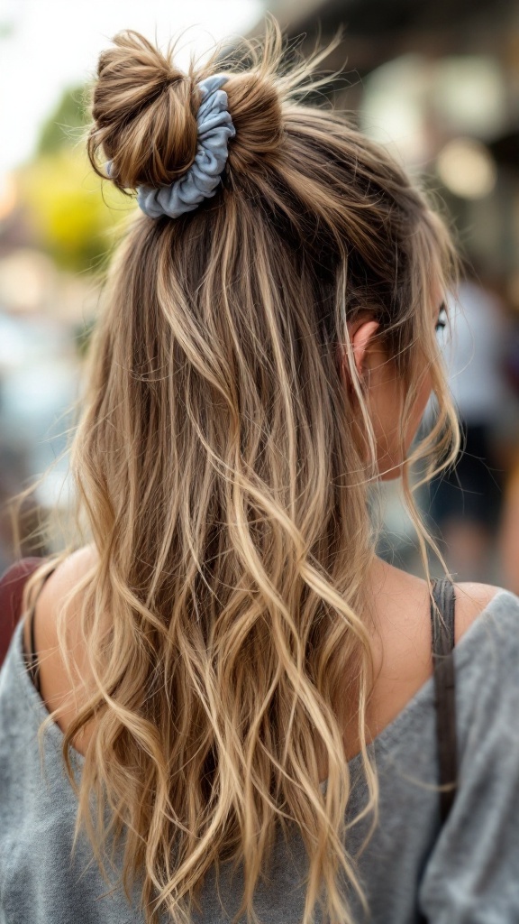 A stylish half up bun secured with a blue scrunchie, with loose waves cascading down.