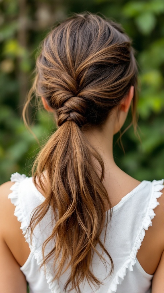 A woman with a casual knotted ponytail hairstyle, showcasing medium-length hair.