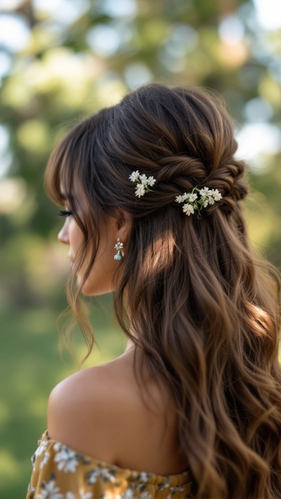 A woman with half up half down hairstyle and bangs, featuring flowers in her hair.