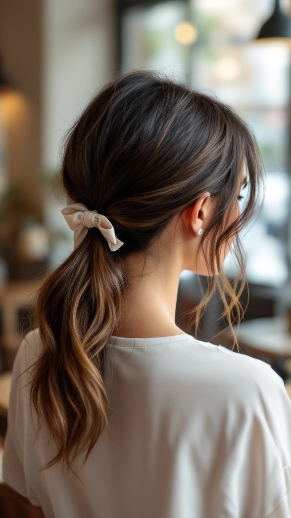 A woman with a casual low ponytail decorated with a bow, showcasing a stylish and relaxed hairstyle.