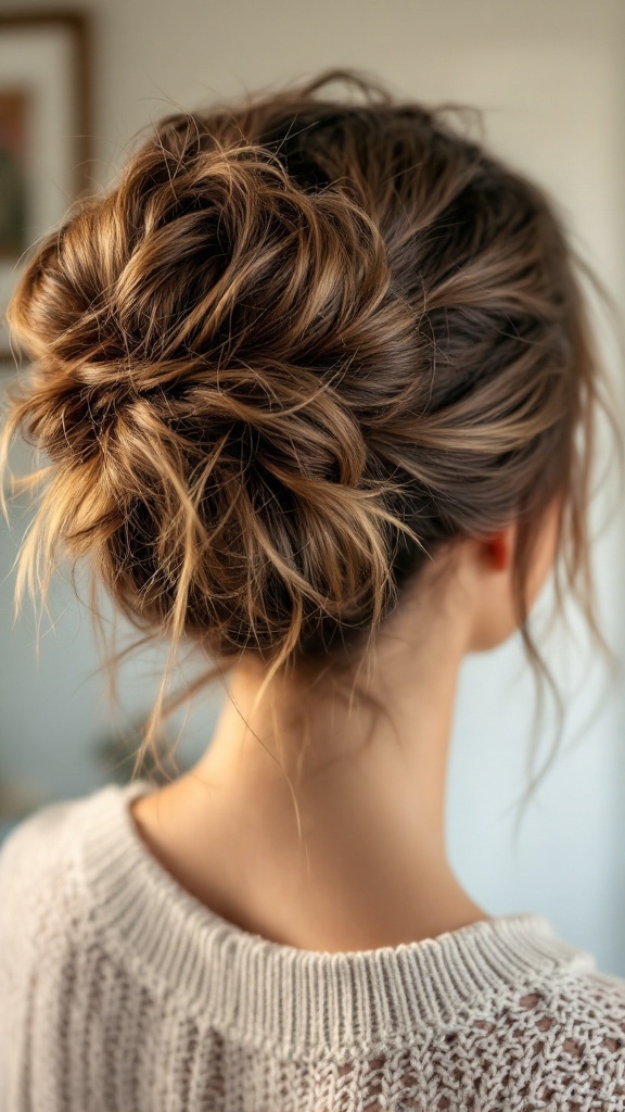 A close-up of a messy bun secured with a claw clip on short hair, showcasing a casual hairstyle.