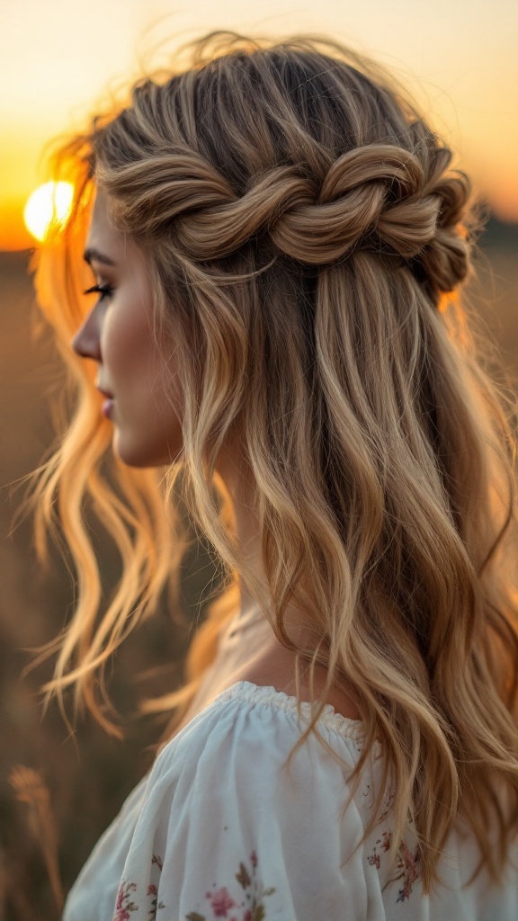 A woman with wavy hair styled in a casual side sweep updo, with a braid on one side, set against a sunset background.