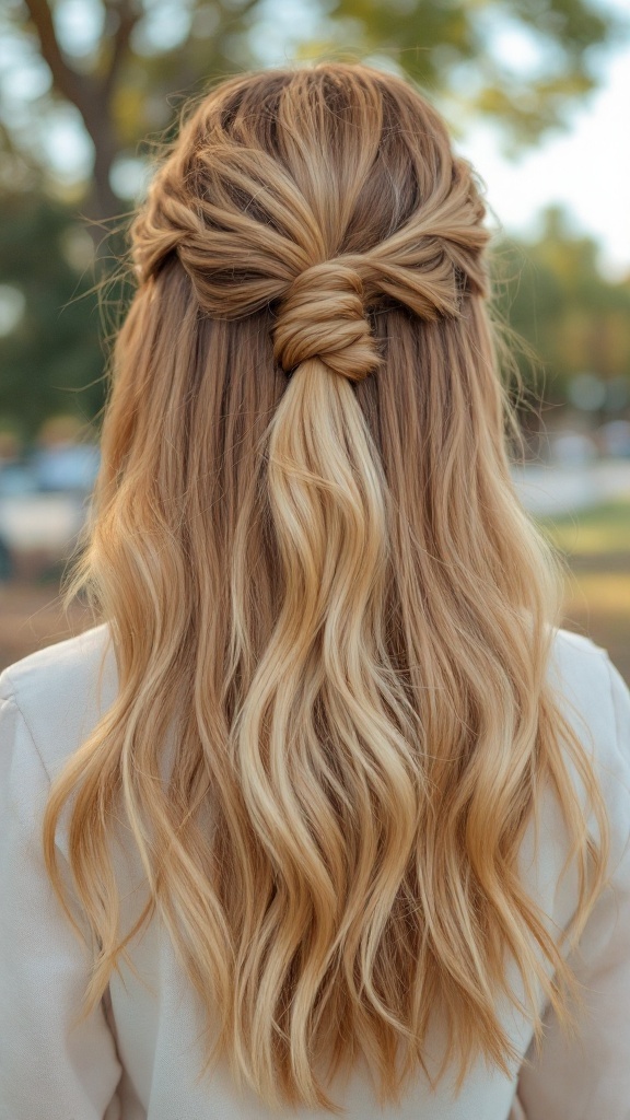 A woman with half up half down hairstyle featuring straight hair and textured waves.