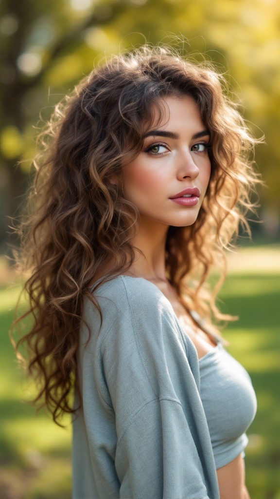 A woman with medium-length curly hair, showcasing a casual tousled style in a natural outdoor setting.