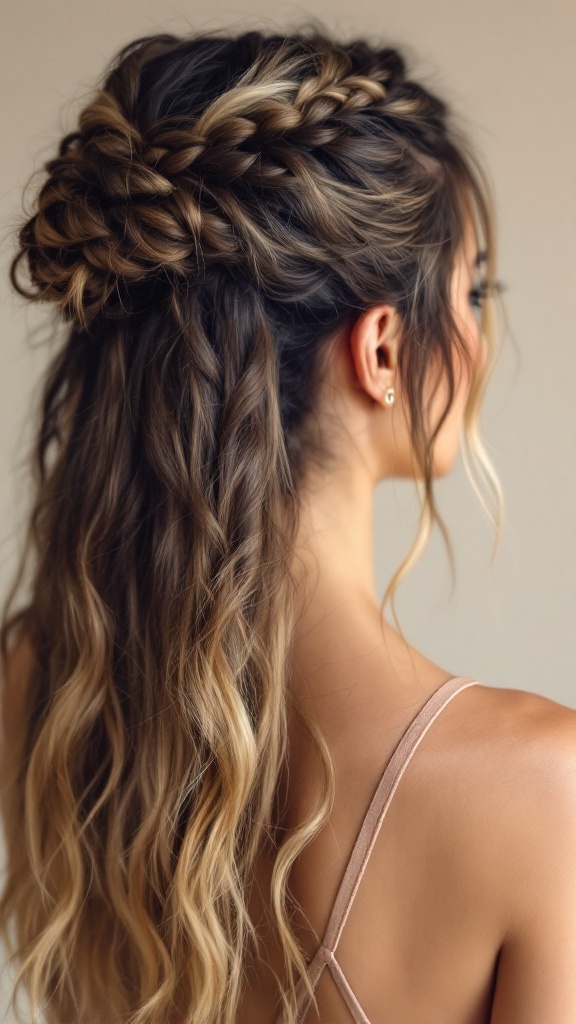 A stylish casual twisted half up half down hairstyle with textured layers, featuring twists and curls.