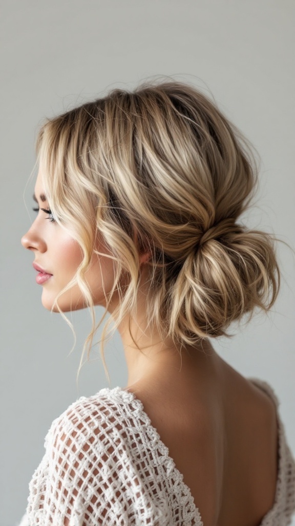 A woman with a messy bob hairstyle in a casual updo, featuring soft waves and a loose bun.