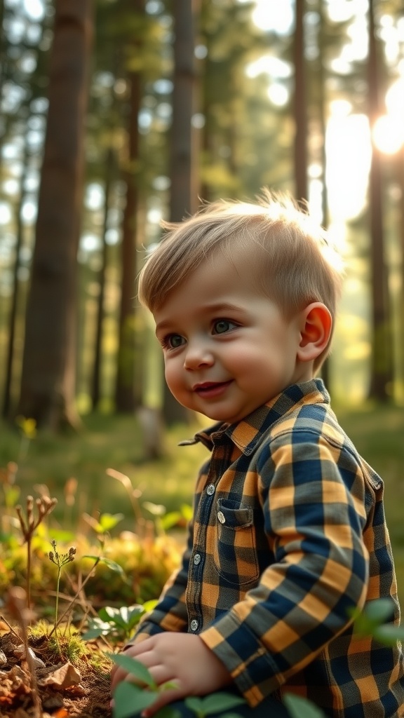 A joyful little boy in a plaid shirt, sitting in a sunlit forest surrounded by greenery.