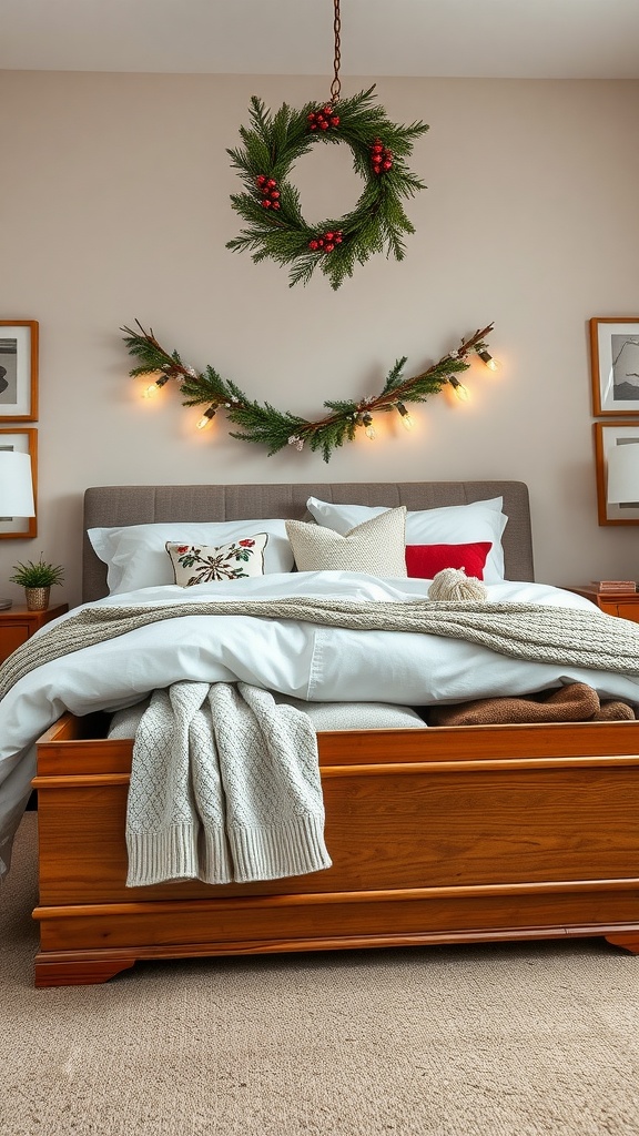 A cozy bedroom featuring a cedar chest at the foot of the bed, decorated with seasonal accents.