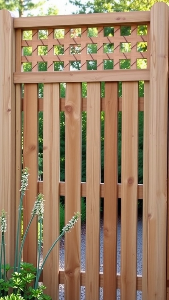 A cedar fence featuring a lattice top, surrounded by green plants.