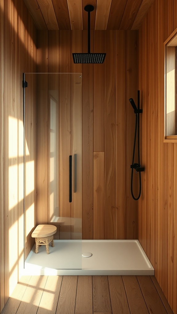 A rustic shower with cedar plank walls, a glass enclosure, and a wooden stool