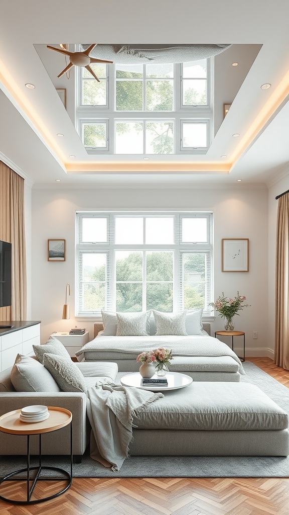 A stylish living room featuring a ceiling mirror that reflects natural light and greenery.