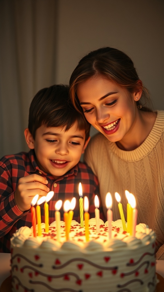 A mother and her son smiling while lighting candles on a birthday cake