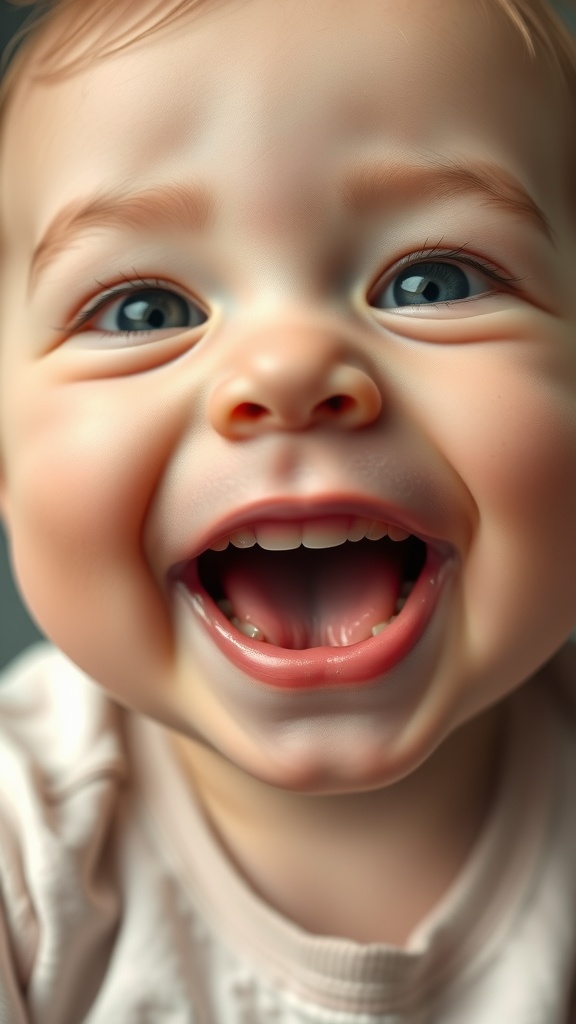 A happy baby smiling widely, showing their first tooth with bright blue eyes.