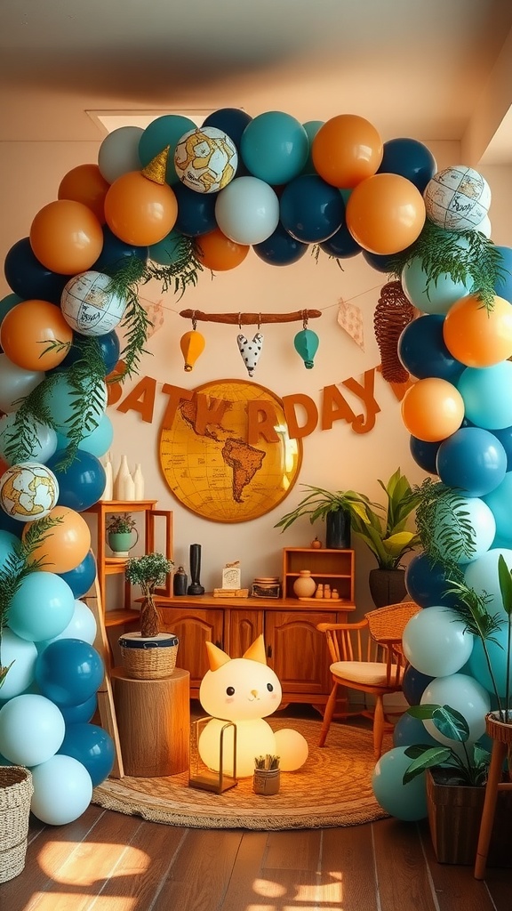Colorful balloon arch with adventure-themed decorations for a child's birthday celebration.