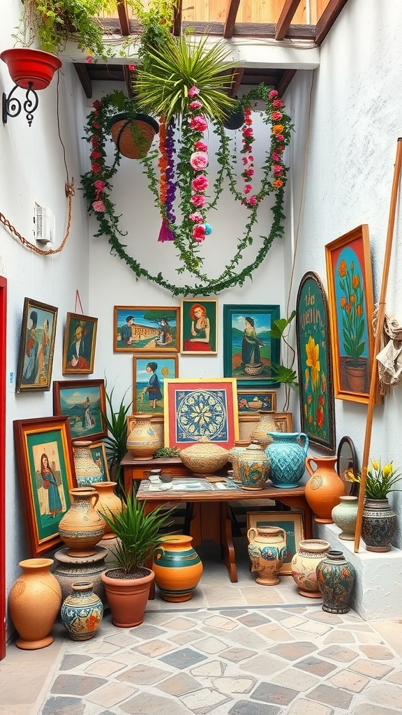 A cozy Mediterranean courtyard filled with art, colorful pots, and plants.