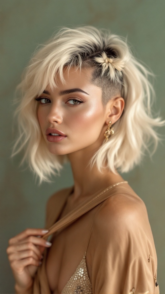 A woman with butterfly cut hair styled in soft waves with a hair accessory.