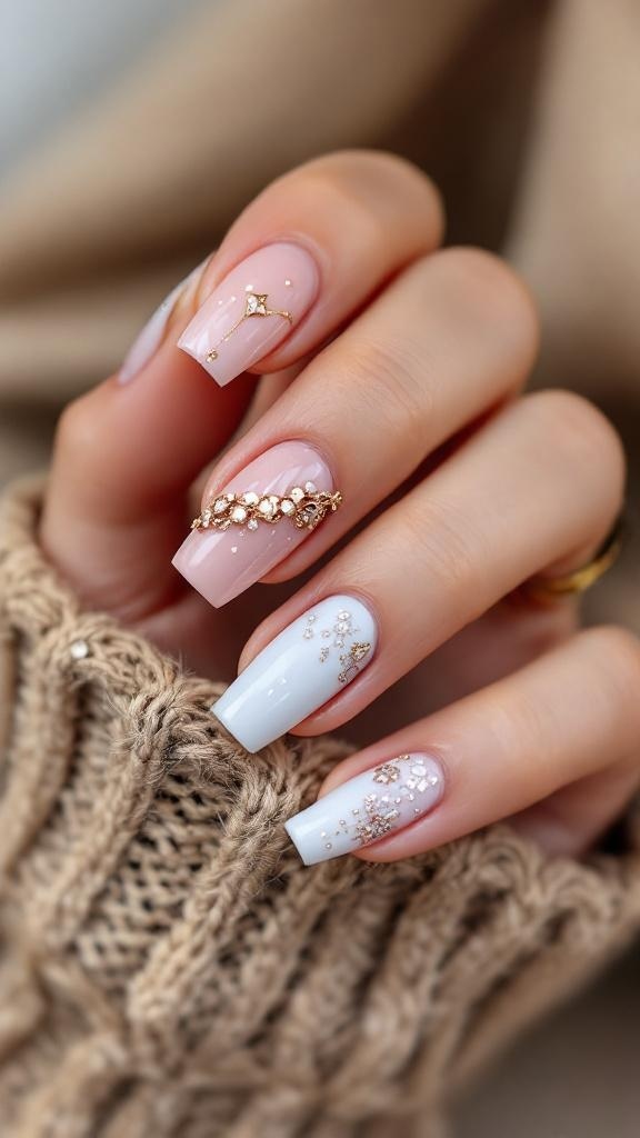 A close-up of beautifully manicured buchona nails featuring soft pink and white colors with gold accents and gems.