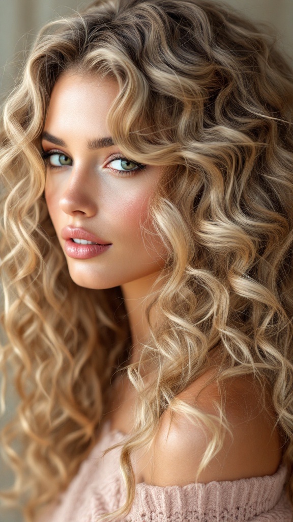 Model with blonde highlighted curly hair.
