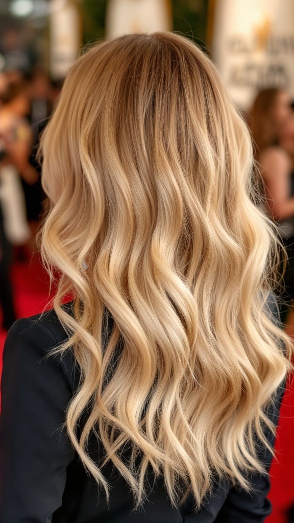 Back view of a woman with strawberry blonde balayage hair styled in loose waves