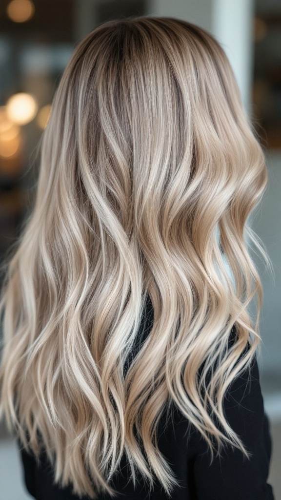 Beautiful ash blonde hair balayage with soft waves.