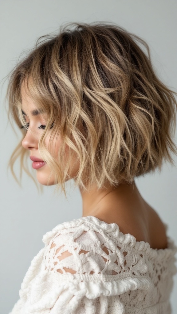 A side view of a woman with a messy bob hairstyle, featuring soft, tousled waves.